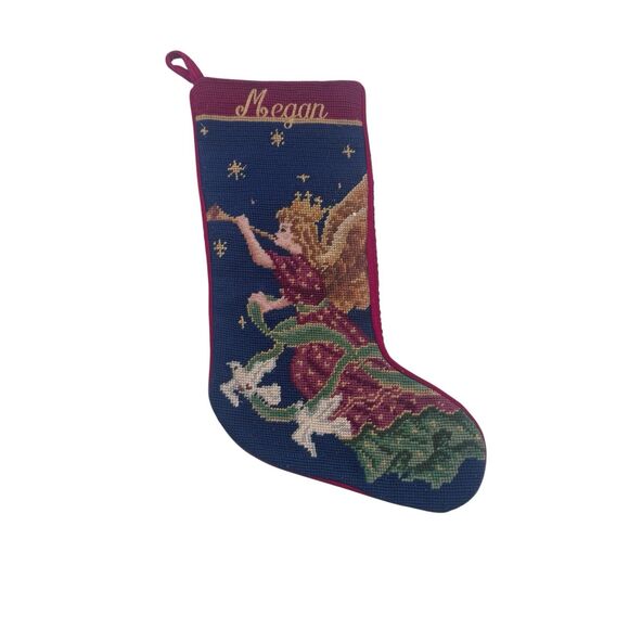 Needlepoint Stocking Christmas Angel Horn Gold Blue Red Imperial Elegance MEGAN - Picture 1 of 10